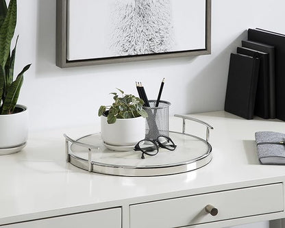 Kate and Laurel Marbury Modern Round Marble Tray; 14 Inch Diameter; Silver; Decorative White Marble Tray for Display and Storage