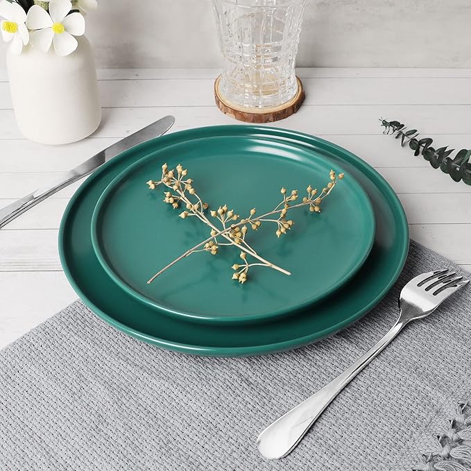 10 Inch Dinner Plates, Matte Green Ceramic Plates Set of 3, Scratch, Microwave & Dishwasher Safe