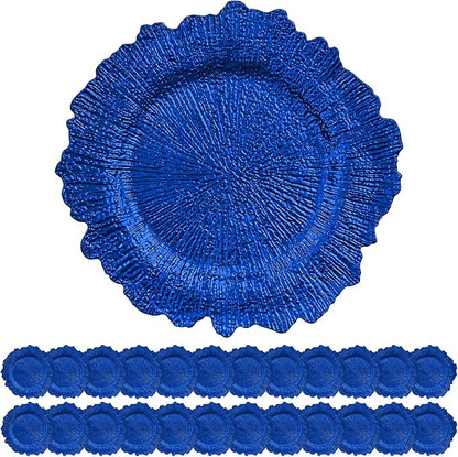 24 Pack Royal Blue Charger Plates Bulk, 13" Plastic Reef Chargers for Dinner Plates, Round Charger Plate with Floral Reef Design for Dinner Wedding Party Table Setting Decoration