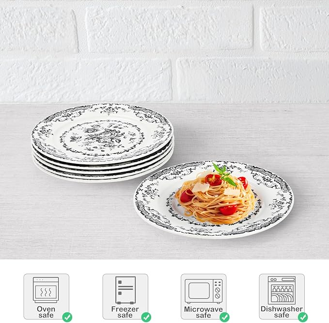 Salad Plates, 8.5 Inch Ceramic Plates Set of 6, Kitchen Plate Microwave Safe, White Porcelain Dessert Plate Porcelain Serving Dishes, Black