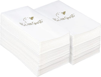 AMERICAN HOMESTEAD Disposable Hand Towels for Bathroom - Decorative Be Our Guest Gold Design - Linen-Like Guest Napkins for Events, or Dinner Parties - Paper Towels - 15.5" x 12" - 50 Count