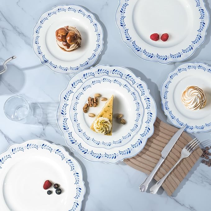 fanquare 8 Inch Porcelain Plates Set of 4, Blue Grass Ring Dessert Plates for Pasta, Pancakes, Steak, Microwave Safe Flat Farmhouse Style Decorative Plate