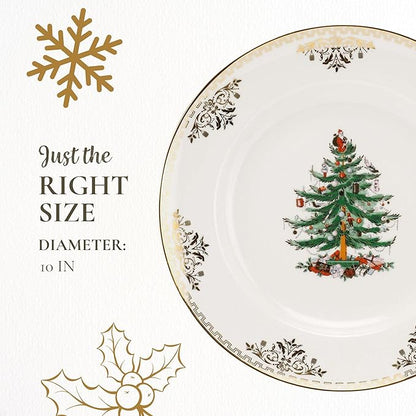 Spode Christmas Tree Gold Dinner Plate (Set of 4) – 10 Inch Porcelain Dinner & Appetizer Dish, Holiday-Themed Serving Plate, Microwave & Dishwasher Safe, Festive Collectible Seasonal Dining
