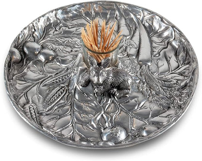 Arthur Court Aluminum Metal Rabbit Bunny Pattern Tidbit Cheese Hors d'oeuvres Tray with Glass for Toothpick - Durable Metal Silver Easter Entertaining 10.5 inch Diameter x 2.5 inch Tall