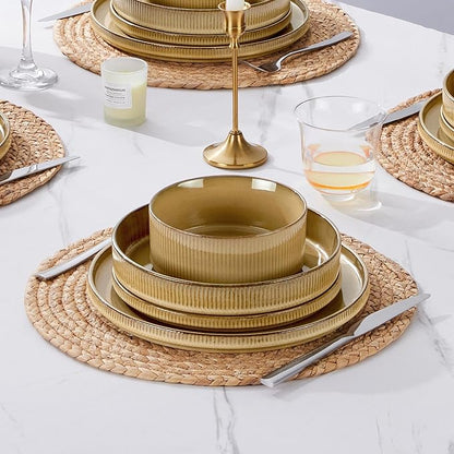 E-far 16 Piece Dinnerware Sets, Plates and Bowls with Pasta Bowls Service for 4, Modern Stoneware Ribbed Dishes for Kitchen Dining, Microwave & Dishwasher Safe, Caramel Khaki