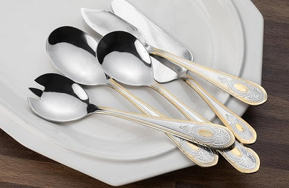 5 Piece Hostess Set - Serving Utensil Set - 18/10 Stainless Steel Silverware - Luxurious Handle with Gold Detailing - Elegant Silver and Gold Flatware Hostess Serveware (5, Lucca)