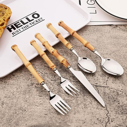 6-Piece Bamboo Silverware Set, Stainless Steel Flatware Hostess Serving Set Bamboo Utensils Tableware Set for Home Camping Travel Hotel - 6pcs Teaspoon