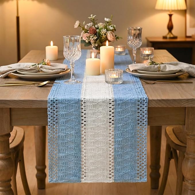 Artoid Mode Sky Blue Farmhouse Rustic Table Runner, Seasonal Hollow Kitchen Dining Table Decoration for Home Party Decor 12x36 Inch