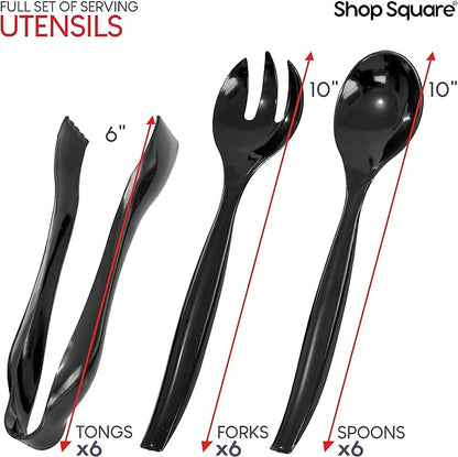 Disposable Plastic Serving Set - 18 Black Utensils, 6" Tongs, 10' Spoons, 10' Forks, Buffet & Party Use