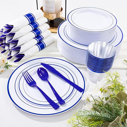 WELLIFE 210 Piece Blue Disposable Dinnerware Set,Plastic Plates for Party, Include: 30 Dinner Plates, 30 Dessert Plates, 30 Pre Rolled Napkins with Gold Silverware and 30 Gold Cups