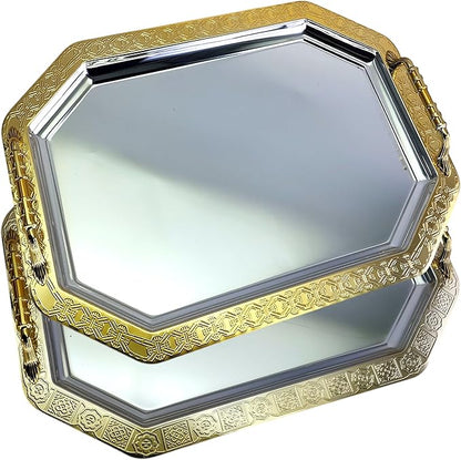 (Pack of 2) 20.8 inch x 14.4 inch Octagonal Chrome Plated Silver Serving Tray with Handles Mirror Iron Gold Edge Floor Pattern Engraved Party Buffet Wine Platter Plate TTL-016