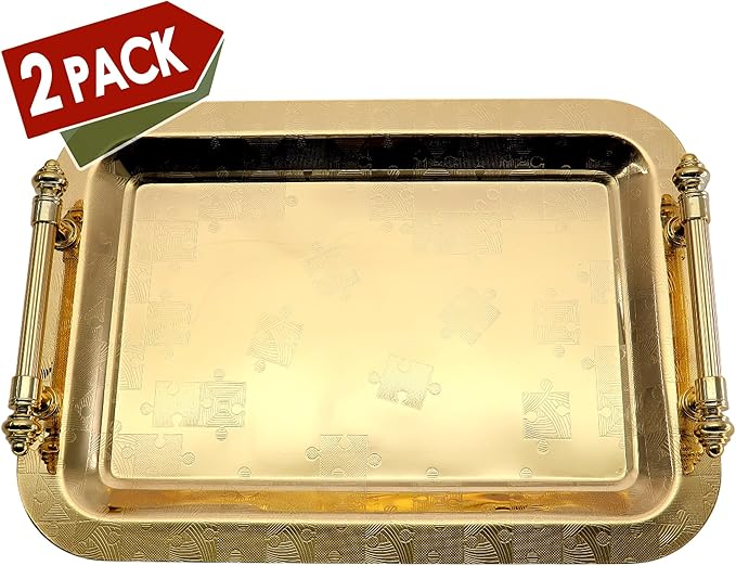 (Pack of 2) 14.2 Inch x 10.2 Inch Oblong Iron Gold Plated Serving Tray with Handles Puzzle Pattern Art Engraved Decorative Birthday Dessert Party Snack Platter Plate Dish Base CC-328