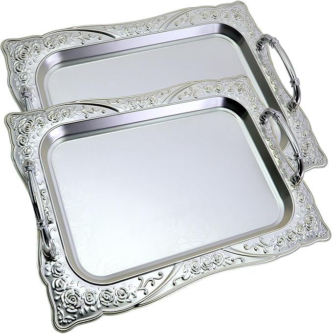 (Pack of 2) 14.2 inch x 10.2 inch Rectangular Chrome Serving Tray with Handles Vintage Floral Edge Engraved Decorative Wedding Birthday Buffet Party Wine Plate Platter Base CC-409