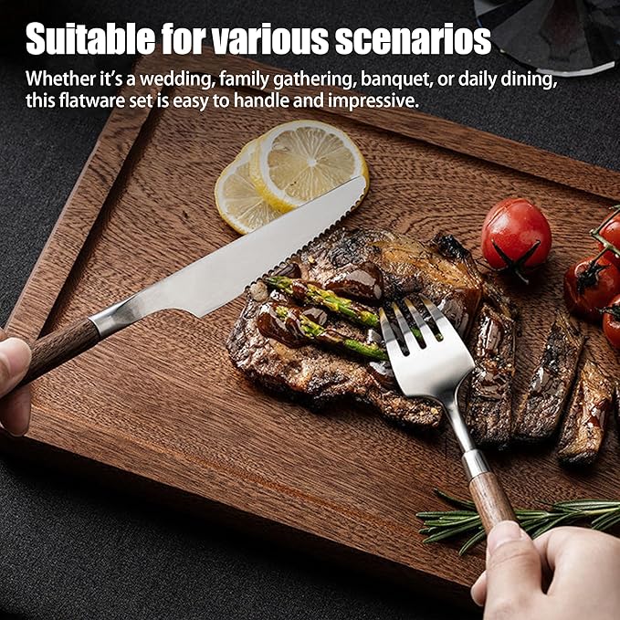 48-piece silverware set service for 12 people,flatware set, cutlery sets, utensil set, 18/8 stainless steel home use hotel banquets Wooden Handle Spoons And Forks Set