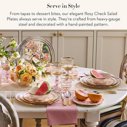 MACKENZIE-CHILDS Enamel Salad and Dessert Plate, Small Plate for Appetizers or Desserts, 8 Inches, Set of 4, Pink-and-White Rosy Check
