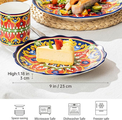 UNICASA Ceramic Dessert Plate Set of 4, 9 Inch Snack Plates with Scalloped Edges – Serving Dishes for Salad, Cake, Cheese, Vibrant Boho Decoration, Microwave & Dishwasher Safe