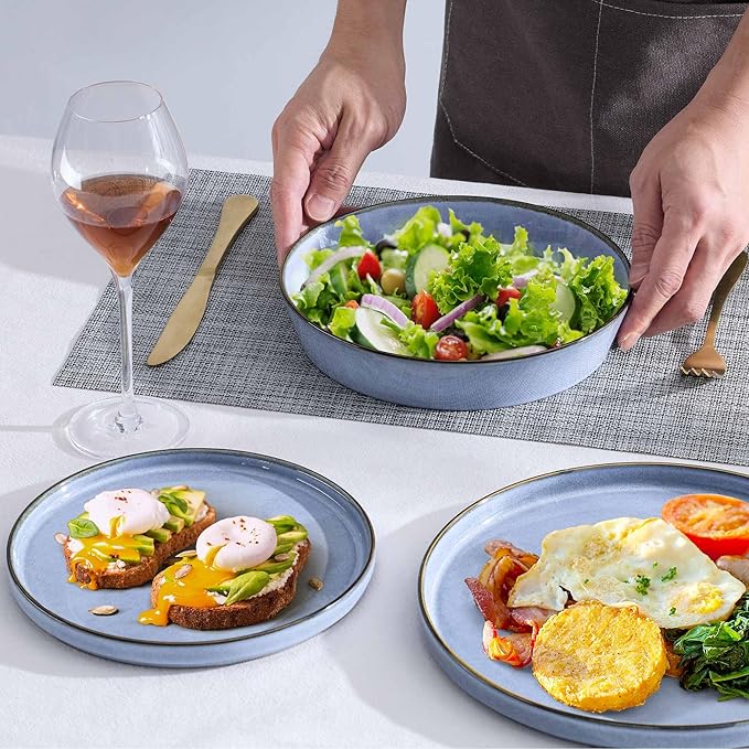 Herogo Dinnerware Sets with Pasta Bowls for 4, 16 Piece Dinner Salad Plates and Cereal Serving Bowls, Stoneware Dishes Dinner Ware for Home Kitchen, Dishwasher & Microwave Safe, Haze Blue