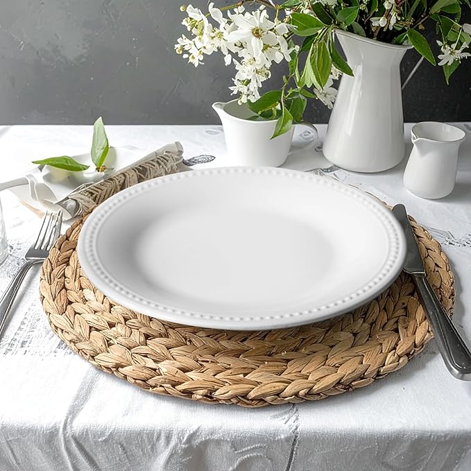 Melamine Beaded Dinner Plate Set of 6, BPA Free, Chip & Break Resistant, Lightweight, Great for Dining, Weddings & Everyday Meals, White, 8.5in