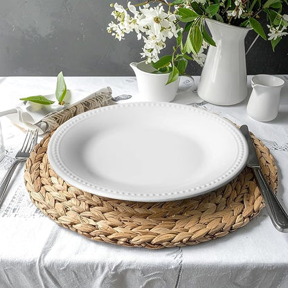Melamine Beaded Dinner Plate Set of 6, BPA Free, Chip & Break Resistant, Lightweight, Great for Dining, Weddings & Everyday Meals, White, 8.5in