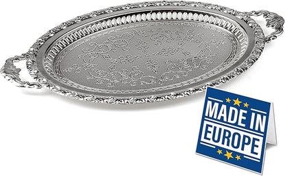 Crystalia Silver Metal Ottoman Coffee Tea Beverage Serving Tray, Large Fancy Decorative Ellipse Design, Vintage Cocktail Tray, Elegance Oval Serving Trays for Ottomans