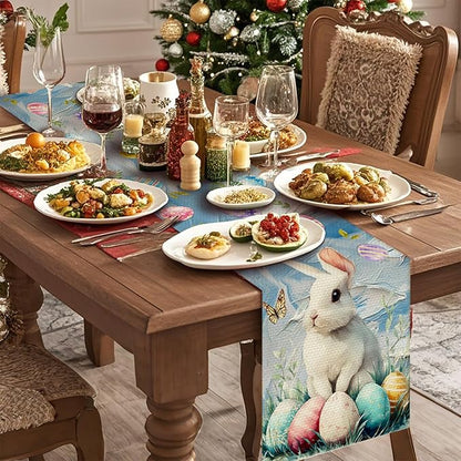 Easter Eggs Bunny Table Runner Seasonal Spring Kitchen Dining Linen Table Decoration for Indoor Outdoor Home Party Decor 13 x 72 Inch