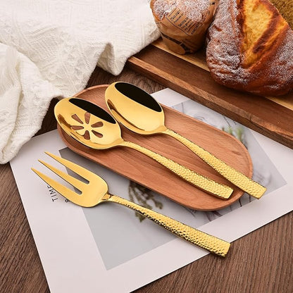 Serving Utensils Set, 5-Piece 18/8 Stainless Steel Hostess Serving Set, Elegant Hammered Serving Utensils for Home Restaurant and Buffet Catering, Heavy and Mirror Polished, Gold
