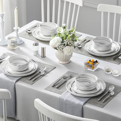 MALACASA Plates and Bowls Sets, 12 Pieces Porcelain Dinnerware Sets Dishware Sets Chip Resistant Ceramic Dish Set Dining Dinner Ware Service for 4, Marble Grey, Series LUNA