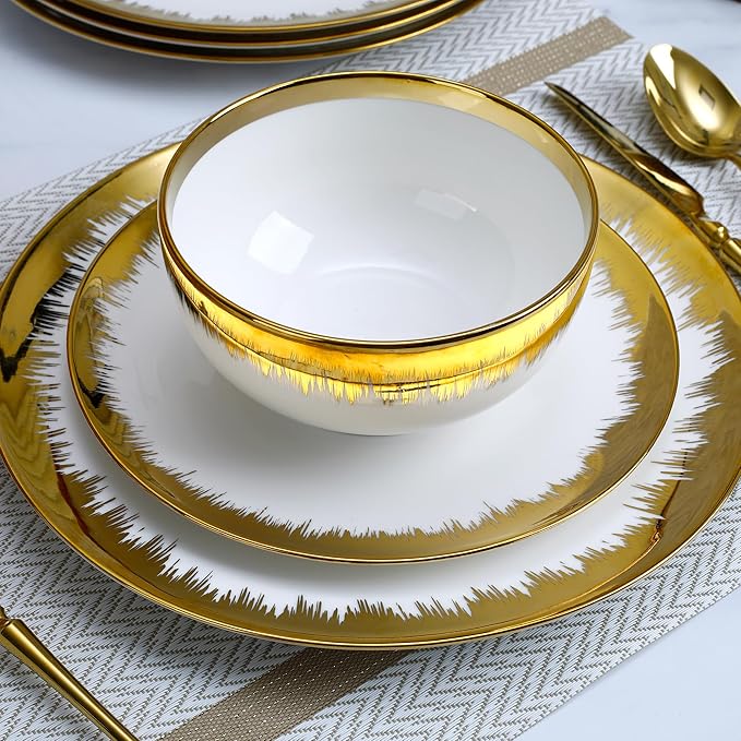 12 Pieces Plates and Bowls Sets,Porcelain Round Dinner Plates Dishes Set with Gold Rim for 4, White bone china Plates and Bowls, Dishwasher Safe and Scratch Resistant, Luxury Tableware Set