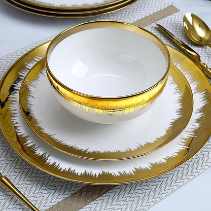 12 Pieces Plates and Bowls Sets,Porcelain Round Dinner Plates Dishes Set with Gold Rim for 4, White bone china Plates and Bowls, Dishwasher Safe and Scratch Resistant, Luxury Tableware Set