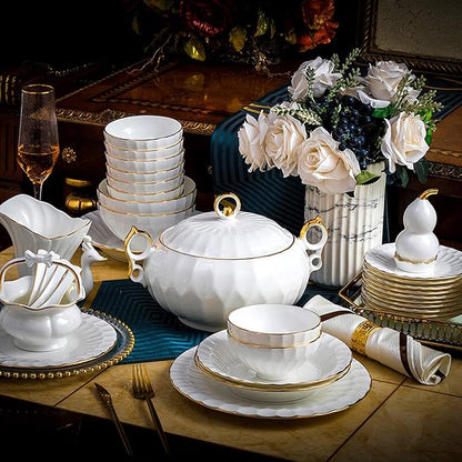 Fine Dinner Set,Dinner Plate Ceramics Dinner Set, 50 Pieces Pure White High-Grade Bone China Dinnerware Sets