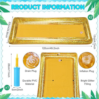 8 Pcs Glitter Inflatable Serving Bar Kit Includes 2 Salad Buffet Tray with Drain Plug 5 Mesh Food Cover 1 Inflator Inflatable Food Drink Containers for Outdoors Pool Party Camping(Gold)