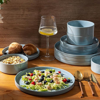 AmorArc Ceramic Dinnerware Set for 8 | Speckled Stoneware Plates and Bowls with Rustic Terracotta Underside| Scratch Resistant,Dishwasher & Microwave Safe Dishes Sets- 24pcs Blue