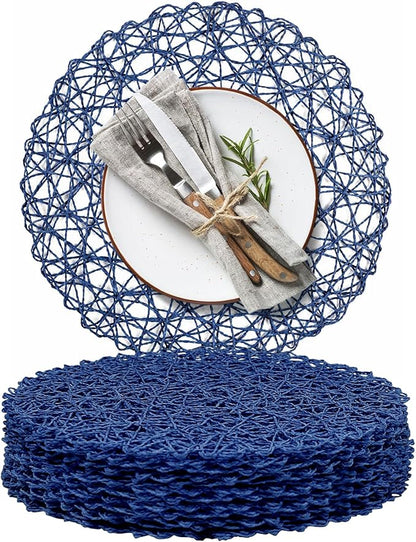 AHHFSMEI Paper Braided Round Placemats Set of 12 Natural Non-Slip Heat Resistant Table Mats for Dining Tables Farmhouse Woven Indoor Outdoor Place mats (Blue,12)