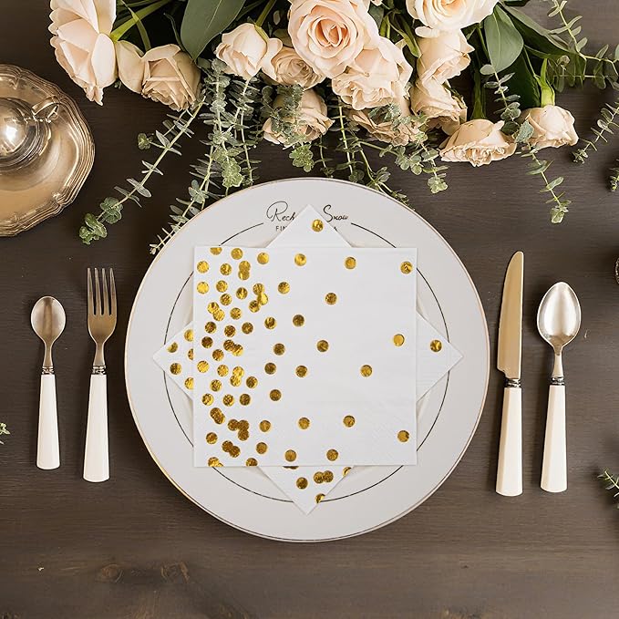 80 Pack of White Paper Cocktail Napkins with Gold Foil Polka Dot Confetti，Polka Dot Party Supplies(5 x 5 in，3-ply) (gold)