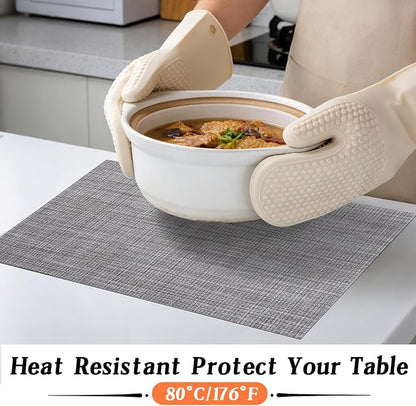 Timeet Placemats Set of 4, Heat Resistant Non-Slip Place Mats, Durable Washable PVC Vinyl Woven Table Mats, Linen Textured Table Placemats for Dining Kitchen Resistant Easy to Clean(Gray)