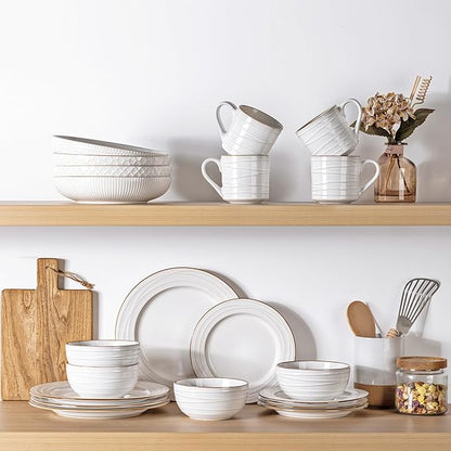 GBHOME Ceramic Dinnerware Sets, 24 pcs Embossed Elegant Stoneware Plates and Bowls Sets, Housewarming Wedding Gift | Dishwasher & Microwave Safe | Dishes Set Service for 8