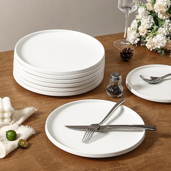 GZG Ceramic Dinner Plates Set of 4,10 Inch Stoneware plate Set,Microwave and Dishwasher Safe Kitchen Utensils,Stackable,Scratch Resistant (Ivory White)