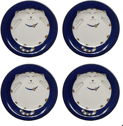 JapanBargain 2560, Set of 4 Japanese Round Porcelain Appetizer Plates for Dessert Cake Snack Maneki Neko Smiling Lucky Cat Pattern for Cat Lovers Cat Dinner Plate, Made in Japan, 6.5-inch, Blue