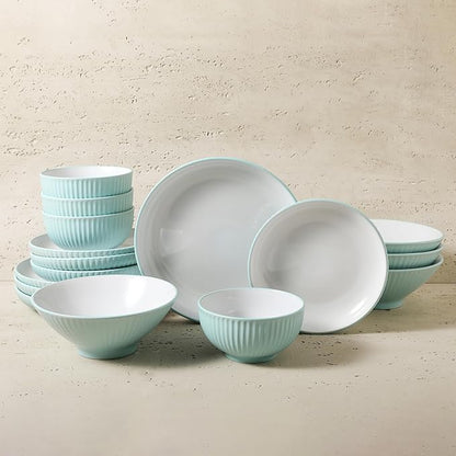 Christian Siriano Lustra Modern 16-Piece Stoneware Dinnerware Set, Plates and Bowls Set, Dinner and Salad Plates, Ramen Bowls, Dishes for 4, Teal