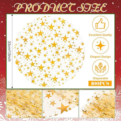 Gold Star Placemats Disposable Round Table Mat 13 Inch Golden Foil Mesh Pressed Placemat Tablecloths Glitter Table Runner for Birthday Party Wedding Home Dinners Tables Decor (Gold Star, 100 Pcs)