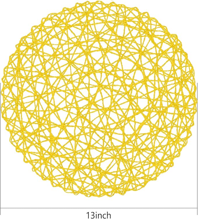 AHHFSMEI Paper Braided Round Placemats Set of 12 Natural Non-Slip Heat Resistant Table Mats for Dining Tables Woven Indoor Outdoor Place mats(Yellow,12)