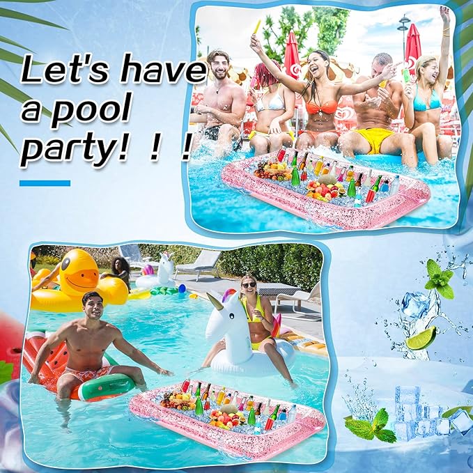 3 Pcs Inflatable Serving Bar Salad Ice Tray Food Drink Candy Buffet Containers Picnic Pool Inflatable Cooler with a Drain Plug and a Hand Pump, 53 x 23.6 x 4.7 Inch(Pink)