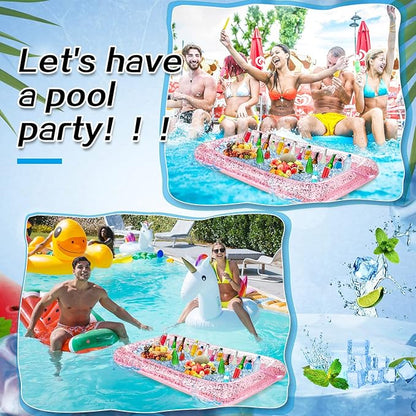 3 Pcs Inflatable Serving Bar Salad Ice Tray Food Drink Candy Buffet Containers Picnic Pool Inflatable Cooler with a Drain Plug and a Hand Pump, 53 x 23.6 x 4.7 Inch(Pink)
