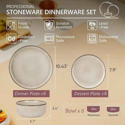 Herogo Stoneware Plates and Bowls Sets for 6, 18 Pieces Modern Round Dinnerware, Reactive Glaze Dishes Set for Kitchen, Chip Resistant, Microwave & Dishwasher Safe, Cream Khaki