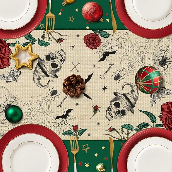 Flower Skulls Halloween Table Runner Seasonal Autumn Kitchen Dining Linen Table Decoration for Indoor Outdoor Home Party Decor 13 x 72 Inch