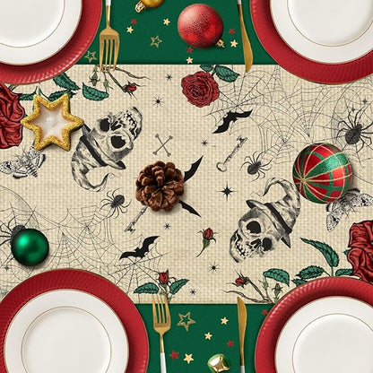 Flower Skulls Halloween Table Runner Seasonal Autumn Kitchen Dining Linen Table Decoration for Indoor Outdoor Home Party Decor 13 x 72 Inch