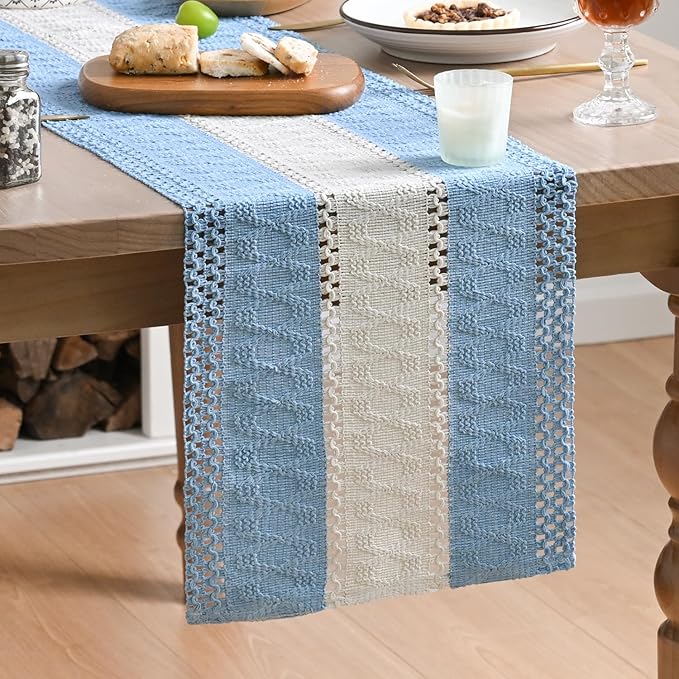 Artoid Mode Sky Blue Farmhouse Rustic Table Runner, Seasonal Hollow Kitchen Dining Table Decoration for Home Party Decor 12x36 Inch
