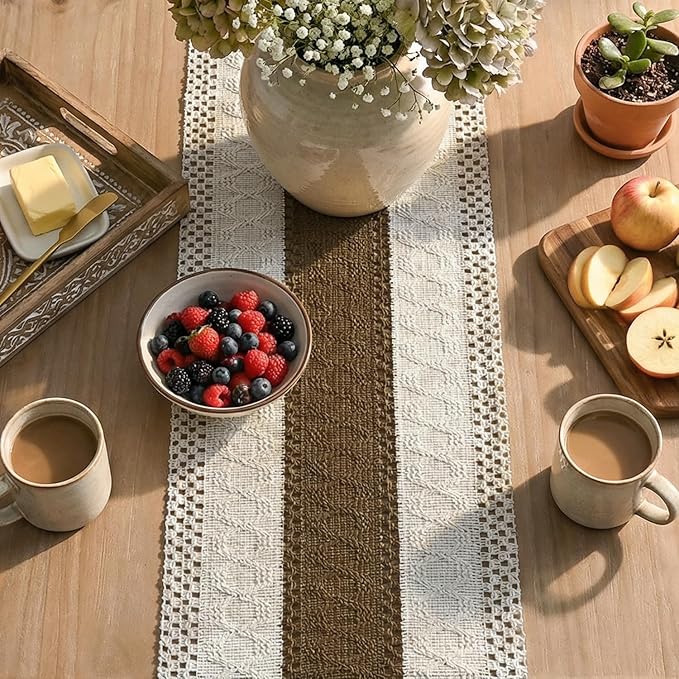 Artoid Mode Light Coffee Farmhouse Rustic Table Runner, Seasonal Holiday Hollow Kitchen Dining Table Decoration for Home Party Decor 12x48 Inch
