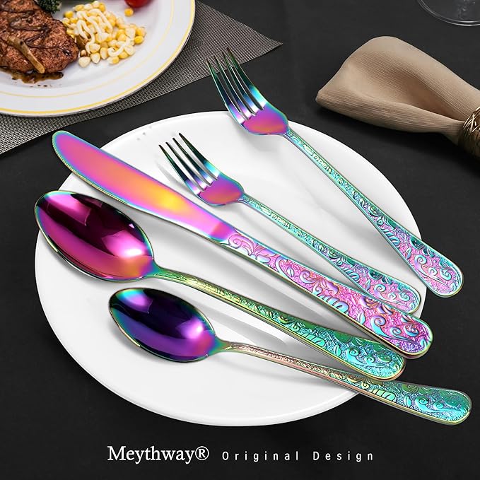 Meythway 40-Piece Vintage Carved Rainbow Silverware Set for 8, Stainless Steel Flatware Set with Knife/Fork/Spoon, Cutlery Set for Home and Kitchen, Utensil Set with Dishwasher Safe