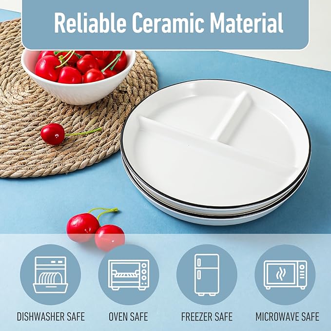 Ceramic Divided Plates Set of 2Pcs, 8 Inch Portion Control Plate, Reusable Bariatric Plate for Adults, 3 Compartment Plates, White Dinner Plates for Balanced Meal, Microwave, Dishwasher Safe